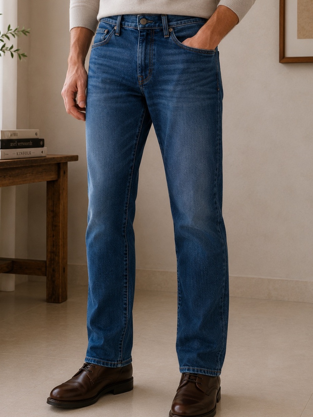 7 For All Mankind Men's Straight Jeans in Medium Blue. BB26